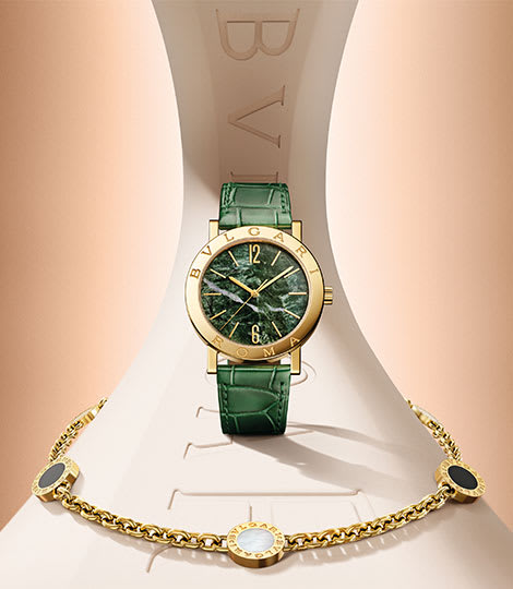 Bvlgari Bvlgari watch with yellow gold case and green marble dial, and Bvlgari Bvlgari necklace.
