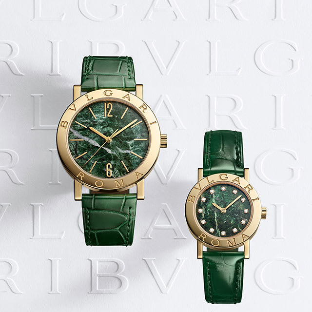 Model wearing Bvlgari Bvlgari watch and Bzero1 ring.