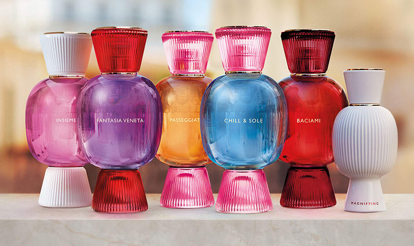 Five colourful bottles of the Bvlgari Allegra Eau the Parfum fragrance collection and one smaller white bottle of the Allegra magnifying essence.