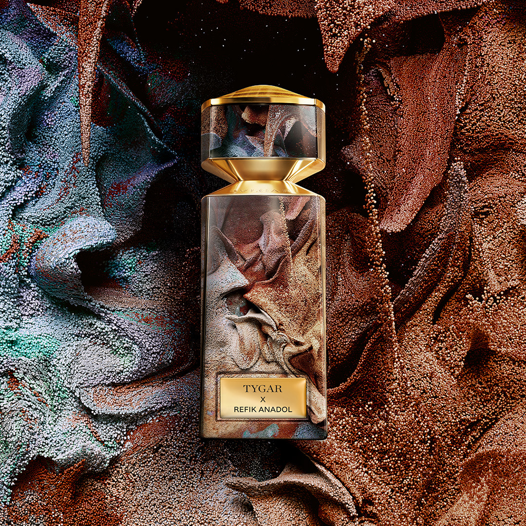 Bvlgari Le Gemme Tygar x Refix Anadol Limited Edition bottle by media artist, matching creative backdrop.
