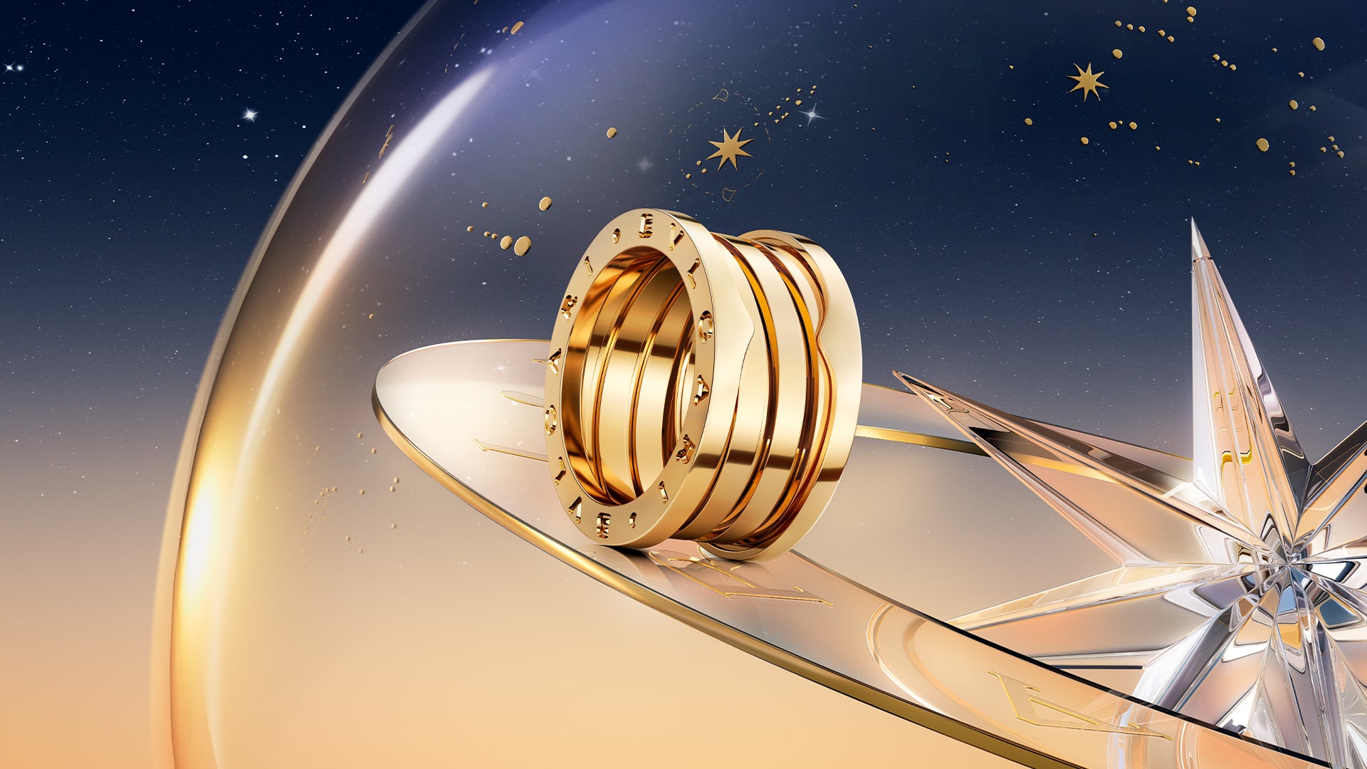 B.zero1 three-band yellow gold ring on creative Bvlgari Holiday Season backdrop with starry night sky.
