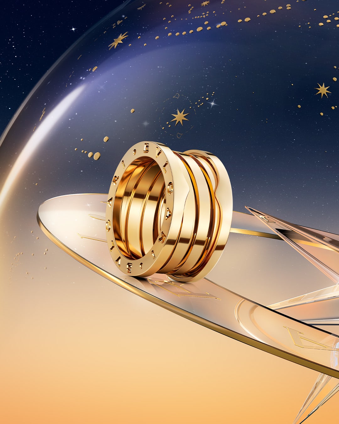 B.zero1 three-band yellow gold ring on creative Bvlgari Holiday Season backdrop with starry night sky.