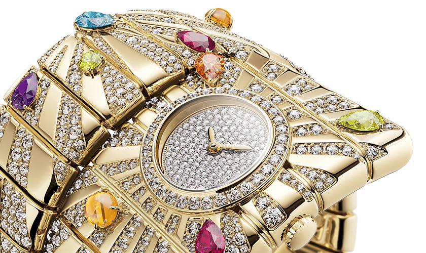 Sketches of the Tubogas Manchette watch in yellow gold with diamonds and coloured gemstones.