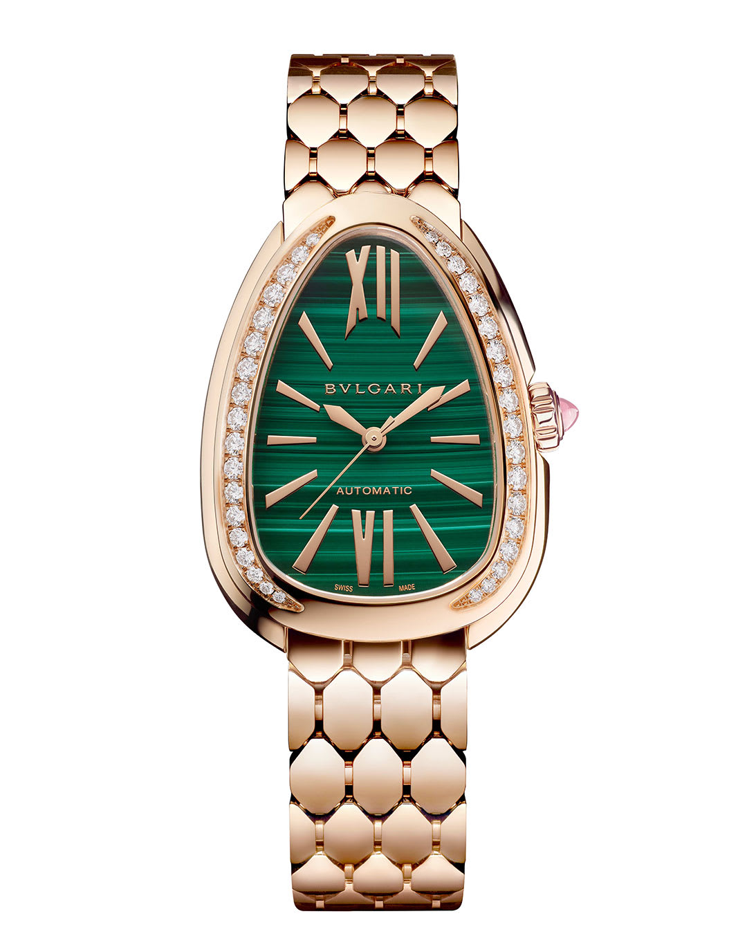 Bvlgari watchmaker examining the Tubogas Manchette automatic movement with a loupe.