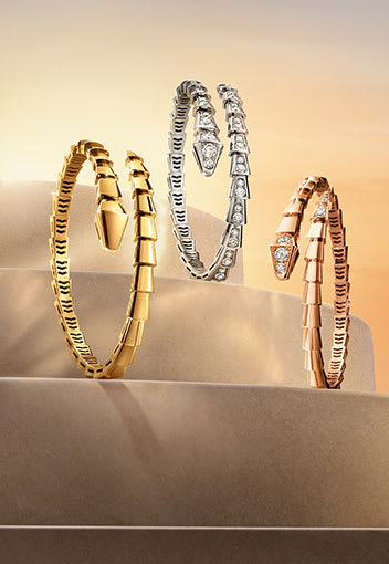 Serpenti bracelets in rose and white gold with diamonds, Magnificent icons campaign