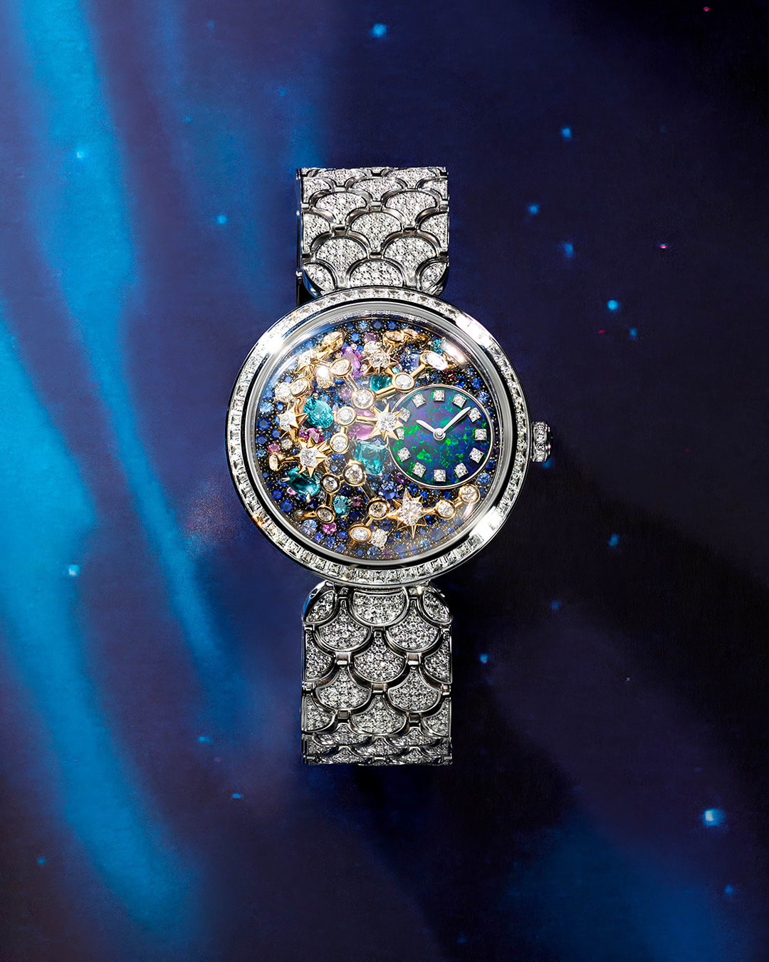 Notte Stellata Diva white gold watch with blue opal, sapphire and diamond-set dial and diamond-set bracelet.