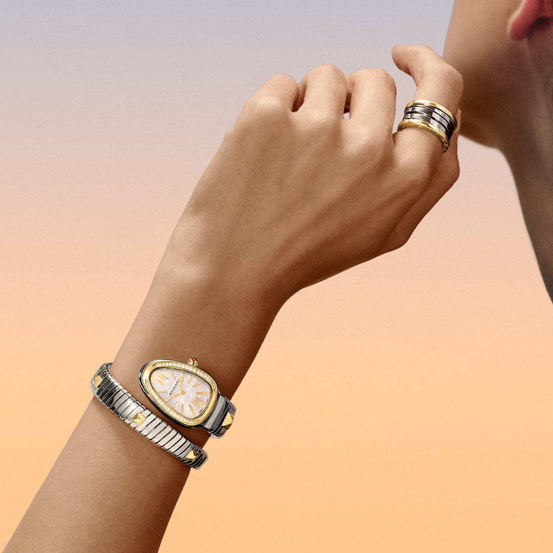 Model wearing Serpenti rings, Magnificent Icons.