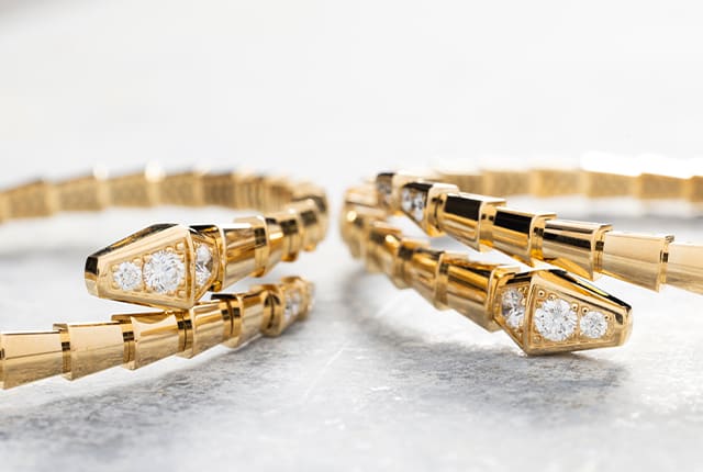 Serpenti Viper bracelets in yellow gold with diamonds.