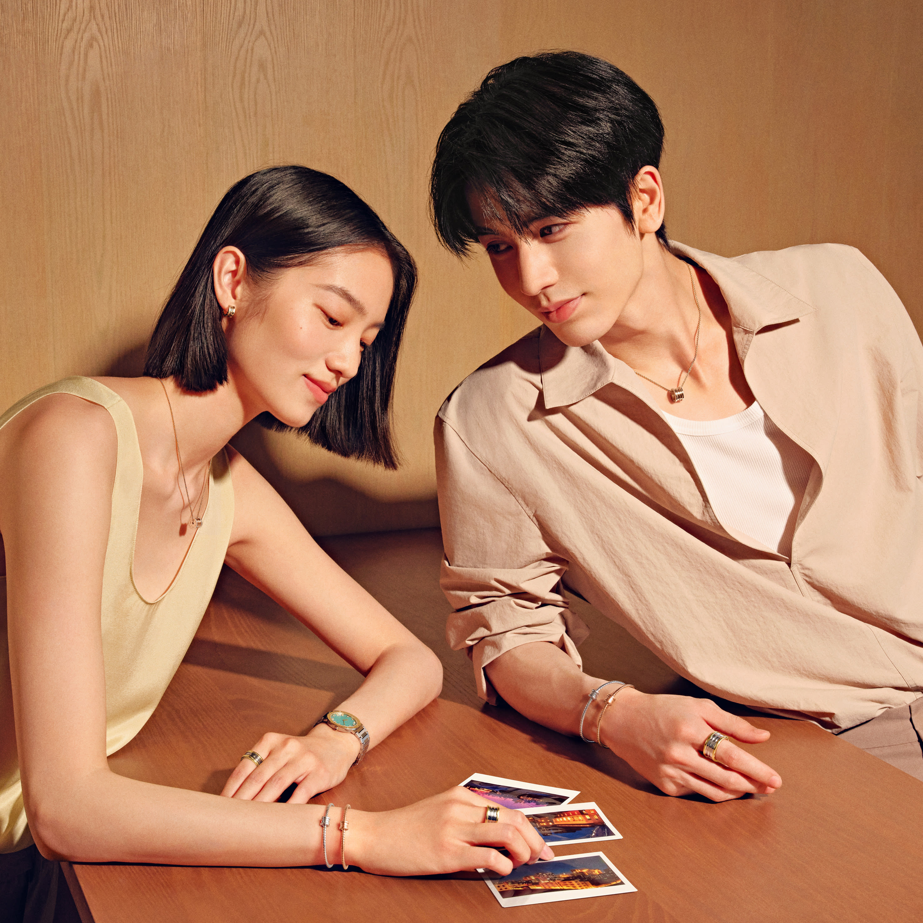 Models wearing Bvlgari jewellery and watches, Chinese Valentine's Day campaign.