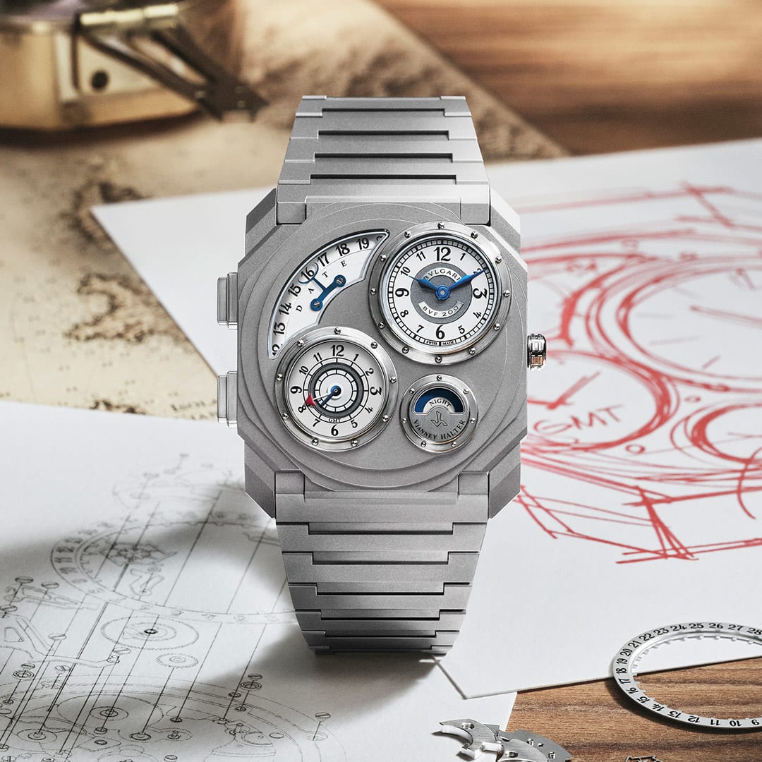Octo Finissimo Dual Time x Vianney Halter watch with sketches and watch elements in the background.