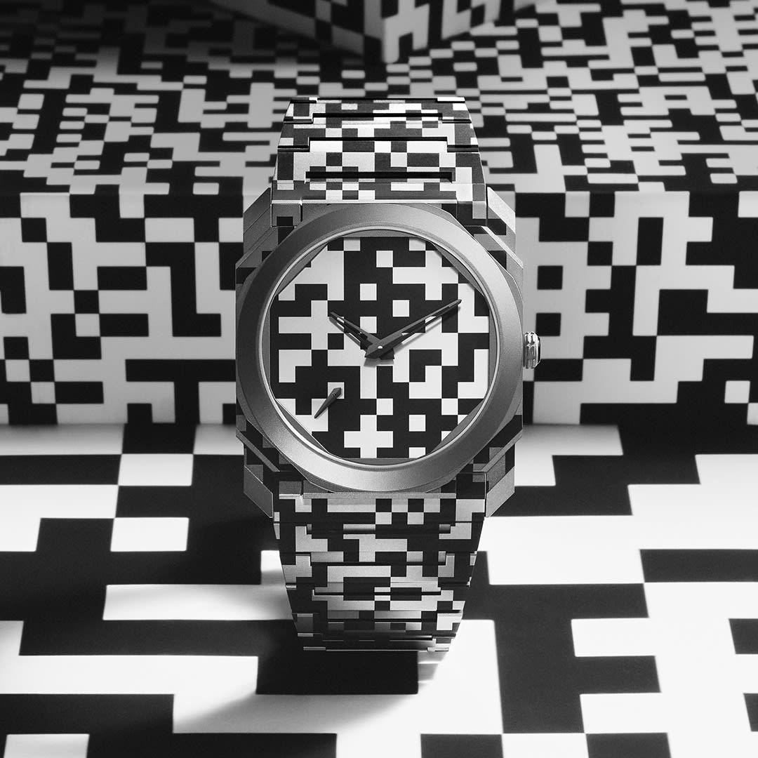 Octo Finissimo Dazzle against a graphic background inspired by its laser-engraved geometric pattern.