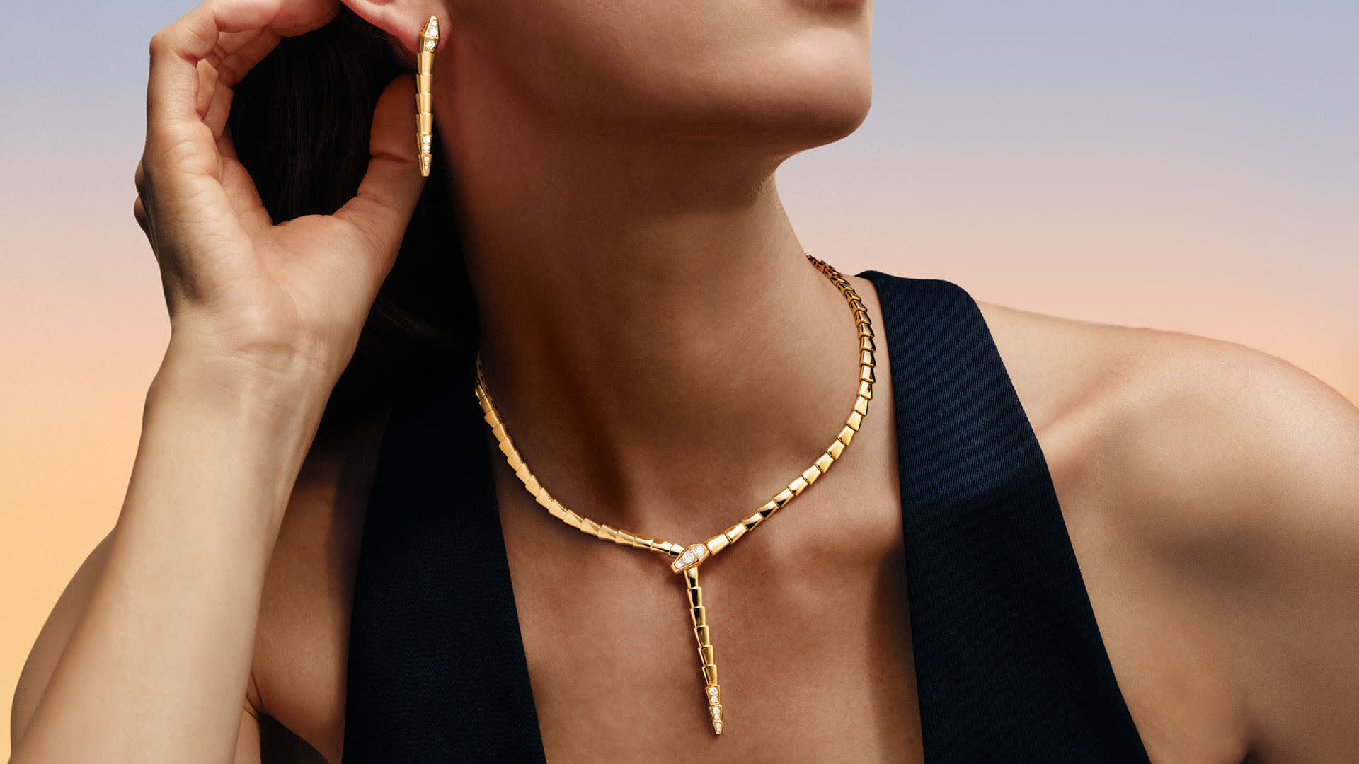 Model wearing Serpenti Jewellery.