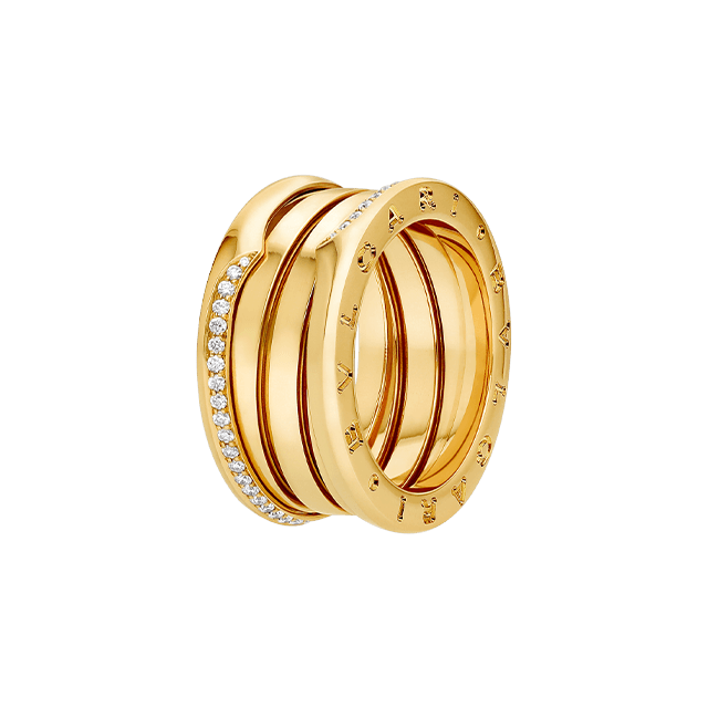 B.zero1 18 kt yellow gold three-band ring set with demi-pavé diamonds on the edges