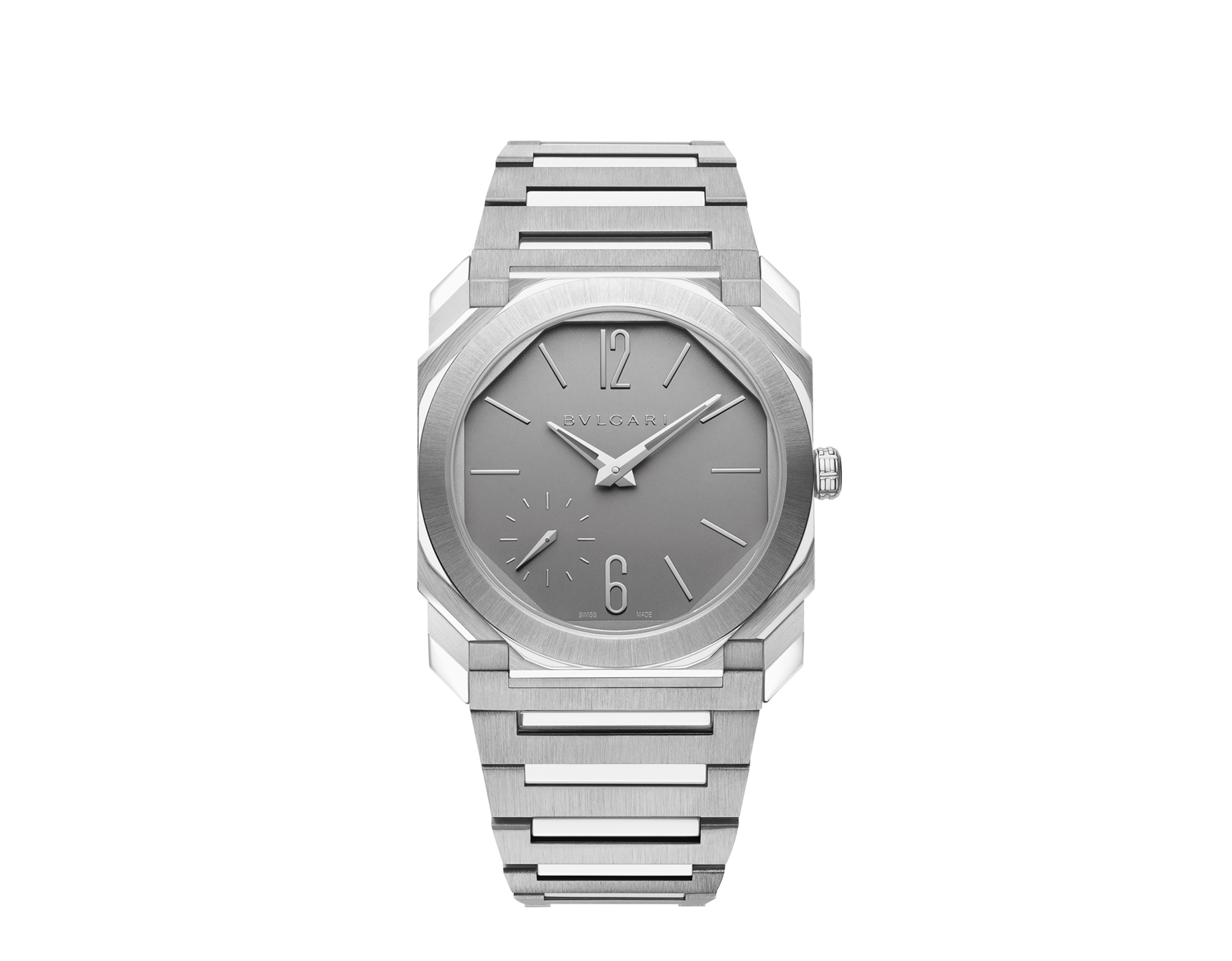 Front view of Bulgari Octo Finissimo 37 reference 104351 in satin-polished titanium
