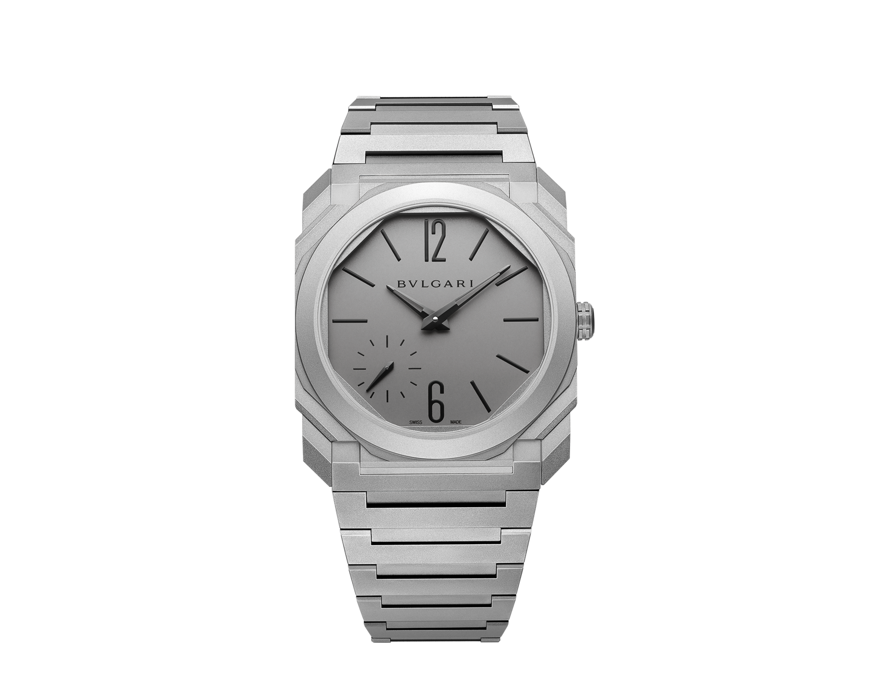 Front view of Bulgari Octo Finissimo 37 reference 104089 in sandblasted titanium